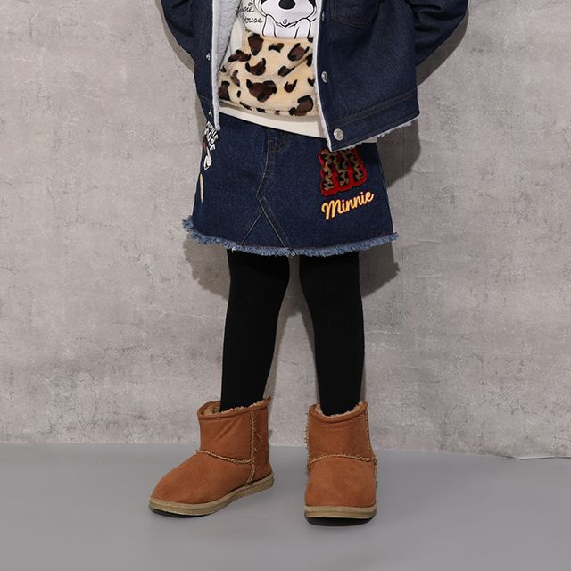 【ベビードール】ミニー ワッペンデニムスカート 1018K / ベビーサイズ キッズ ボトムス スカート ミニスカート デニム ツイル アニマル柄 ヒョウ柄 ダメージ加工 ウエスト総ゴム ゴム穴付き フェイクボタン ベルトループ リンクコーデ ペアルック