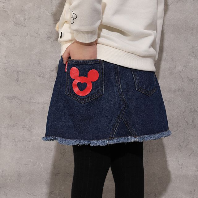 【ベビードール】ミニー ワッペンデニムスカート 1018K / ベビーサイズ キッズ ボトムス スカート ミニスカート デニム ツイル アニマル柄 ヒョウ柄 ダメージ加工 ウエスト総ゴム ゴム穴付き フェイクボタン ベルトループ リンクコーデ ペアルック