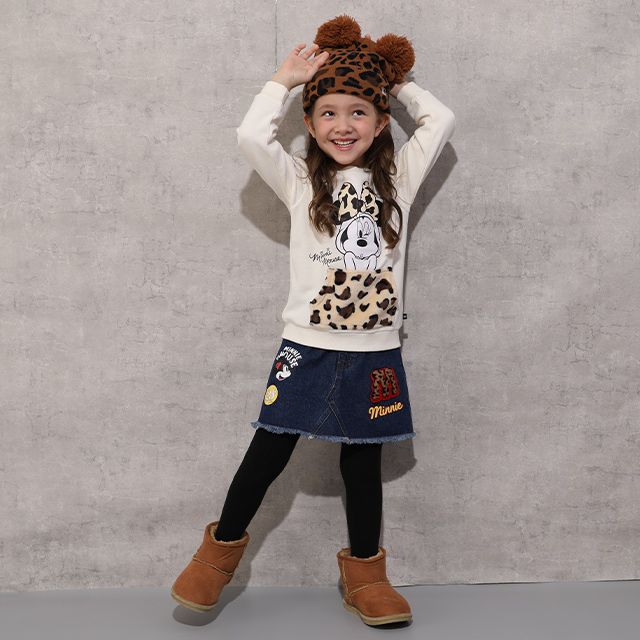 【ベビードール】ミニー ワッペンデニムスカート 1018K / ベビーサイズ キッズ ボトムス スカート ミニスカート デニム ツイル アニマル柄 ヒョウ柄 ダメージ加工 ウエスト総ゴム ゴム穴付き フェイクボタン ベルトループ リンクコーデ ペアルック