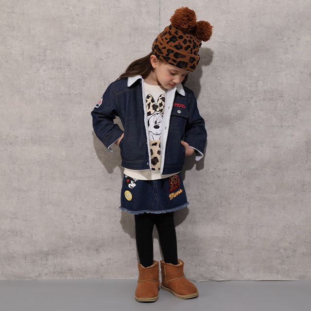 【ベビードール】ミニー ワッペンデニムスカート 1018K / ベビーサイズ キッズ ボトムス スカート ミニスカート デニム ツイル アニマル柄 ヒョウ柄 ダメージ加工 ウエスト総ゴム ゴム穴付き フェイクボタン ベルトループ リンクコーデ ペアルック