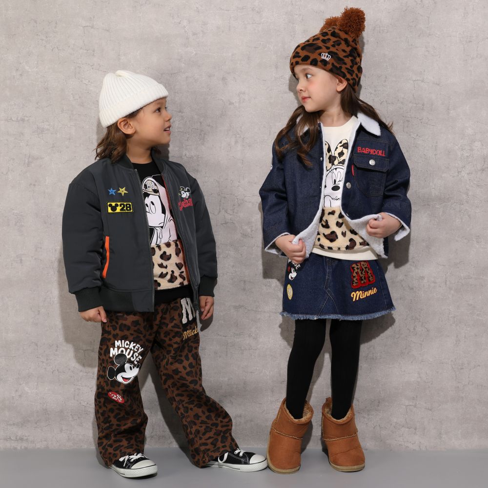 【ベビードール】ミニー ワッペンデニムスカート 1018K / ベビーサイズ キッズ ボトムス スカート ミニスカート デニム ツイル アニマル柄 ヒョウ柄 ダメージ加工 ウエスト総ゴム ゴム穴付き フェイクボタン ベルトループ リンクコーデ ペアルック