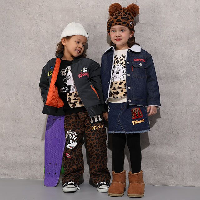 【ベビードール】ミニー ワッペンデニムスカート 1018K / ベビーサイズ キッズ ボトムス スカート ミニスカート デニム ツイル アニマル柄 ヒョウ柄 ダメージ加工 ウエスト総ゴム ゴム穴付き フェイクボタン ベルトループ リンクコーデ ペアルック