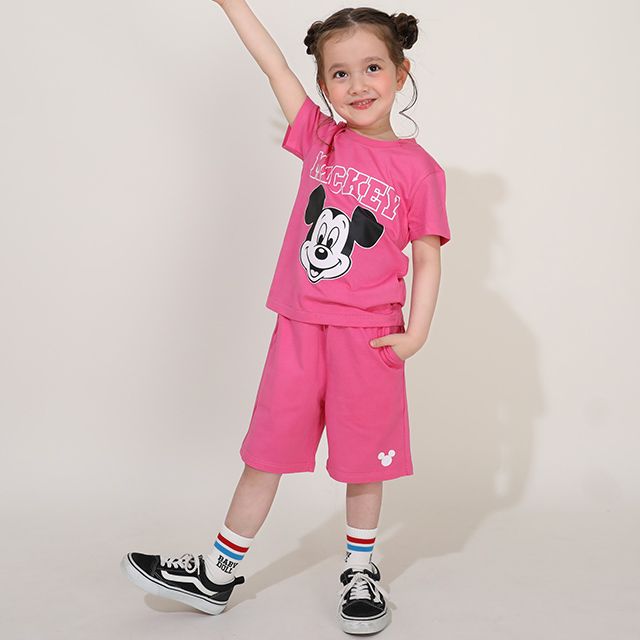 【ベビードール】ミッキー プチプラキャラクターセットアップ 1026K / ベビーサイズ キッズ トップス ボトムス 上下２点セット 半袖 半ズボン ハーフパンツ ウエスト総ゴム ゴム穴付き コーデセット 天竺素材