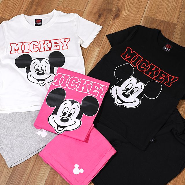 【ベビードール】ミッキー プチプラキャラクターセットアップ 1026K / ベビーサイズ キッズ トップス ボトムス 上下２点セット 半袖 半ズボン ハーフパンツ ウエスト総ゴム ゴム穴付き コーデセット 天竺素材