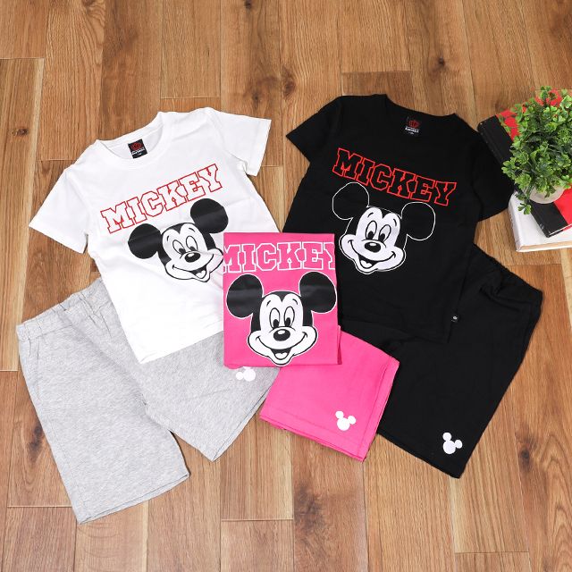 【ベビードール】ミッキー プチプラキャラクターセットアップ 1026K / ベビーサイズ キッズ トップス ボトムス 上下２点セット 半袖 半ズボン ハーフパンツ ウエスト総ゴム ゴム穴付き コーデセット 天竺素材