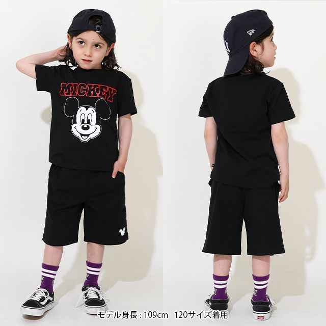 【ベビードール】ミッキー プチプラキャラクターセットアップ 1026K / ベビーサイズ キッズ トップス ボトムス 上下２点セット 半袖 半ズボン ハーフパンツ ウエスト総ゴム ゴム穴付き コーデセット 天竺素材