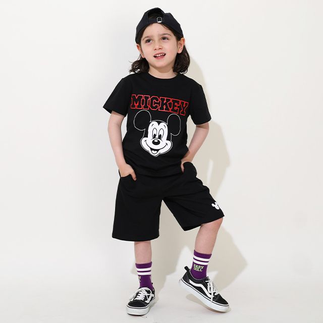【ベビードール】ミッキー プチプラキャラクターセットアップ 1026K / ベビーサイズ キッズ トップス ボトムス 上下２点セット 半袖 半ズボン ハーフパンツ ウエスト総ゴム ゴム穴付き コーデセット 天竺素材