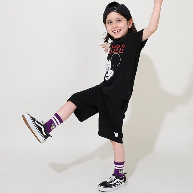 【ベビードール】ミッキー プチプラキャラクターセットアップ 1026K / ベビーサイズ キッズ トップス ボトムス 上下２点セット 半袖 半ズボン ハーフパンツ ウエスト総ゴム ゴム穴付き コーデセット 天竺素材