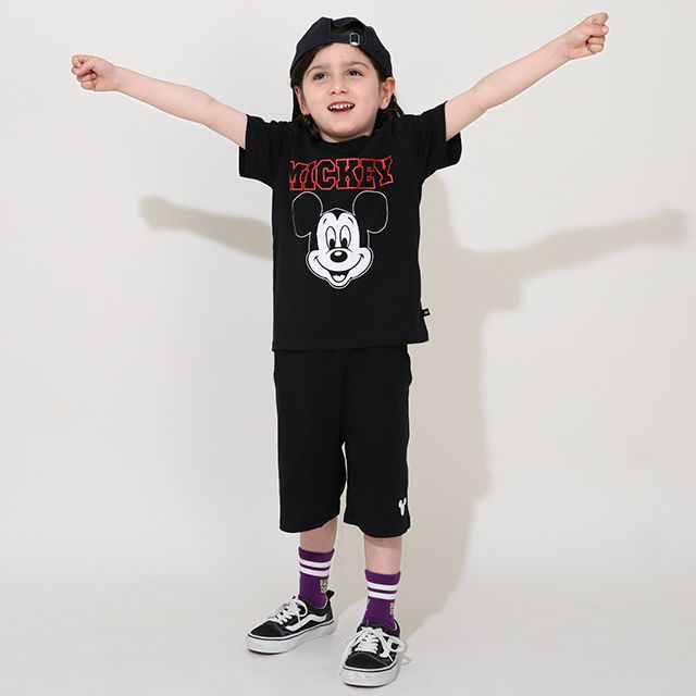 【ベビードール】ミッキー プチプラキャラクターセットアップ 1026K / ベビーサイズ キッズ トップス ボトムス 上下２点セット 半袖 半ズボン ハーフパンツ ウエスト総ゴム ゴム穴付き コーデセット 天竺素材