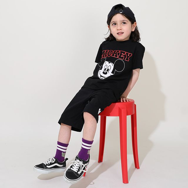 【ベビードール】ミッキー プチプラキャラクターセットアップ 1026K / ベビーサイズ キッズ トップス ボトムス 上下２点セット 半袖 半ズボン ハーフパンツ ウエスト総ゴム ゴム穴付き コーデセット 天竺素材