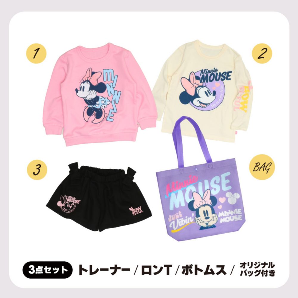 【ベビードール】ミニー キャラクター3点セット 1028K / ベビーサイズ キッズ 長袖 トップス ボトムス トレーナー ロンT 長袖Tシャツ ショートパンツ 短パン キュロット セット商品 オリジナルバッグ付き 3点セット トータルコーディネート
