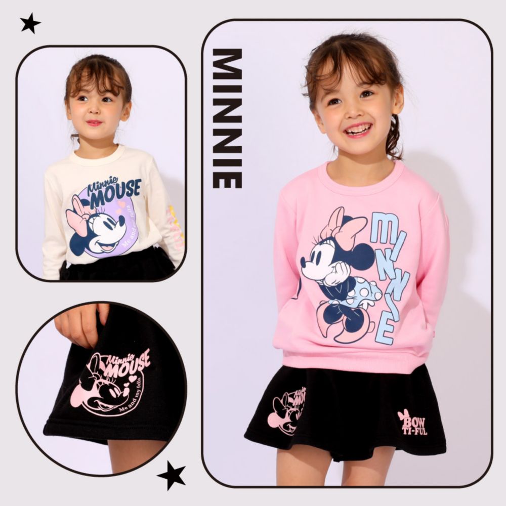 【ベビードール】ミニー キャラクター3点セット 1028K / ベビーサイズ キッズ 長袖 トップス ボトムス トレーナー ロンT 長袖Tシャツ ショートパンツ 短パン キュロット セット商品 オリジナルバッグ付き 3点セット トータルコーディネート