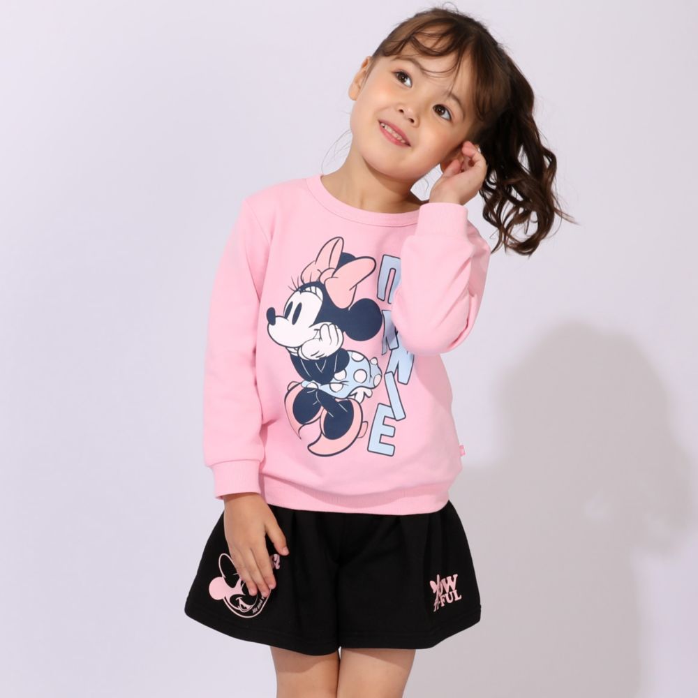 【ベビードール】ミニー キャラクター3点セット 1028K / ベビーサイズ キッズ 長袖 トップス ボトムス トレーナー ロンT 長袖Tシャツ ショートパンツ 短パン キュロット セット商品 オリジナルバッグ付き 3点セット トータルコーディネート