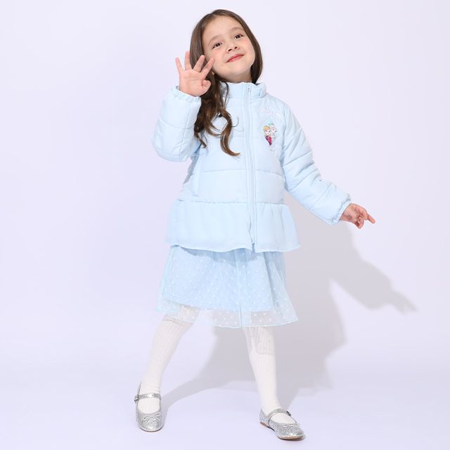 【ベビードール】アナ エルサ プリンセス / フリル中綿アウター 1100K / フード取り外し可能 2WAY キッズ トップス アウター 羽織り 中綿 ふわふわ ファー付き ガーリー 軽い 防寒 秋冬