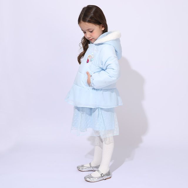 【ベビードール】アナ エルサ プリンセス / フリル中綿アウター 1100K / フード取り外し可能 2WAY キッズ トップス アウター 羽織り 中綿 ふわふわ ファー付き ガーリー 軽い 防寒 秋冬