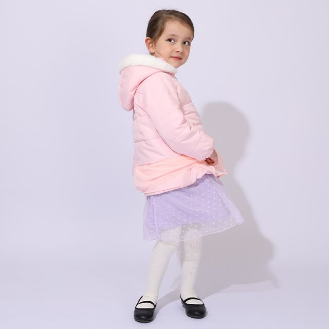 【ベビードール】ラプンツェル アリエル ベル プリンセス / フリル中綿アウター 1100K / フード取り外し可能 2WAY キッズ トップス アウター 羽織り 中綿 ふわふわ ファー付き ガーリー 軽い 防寒 秋冬