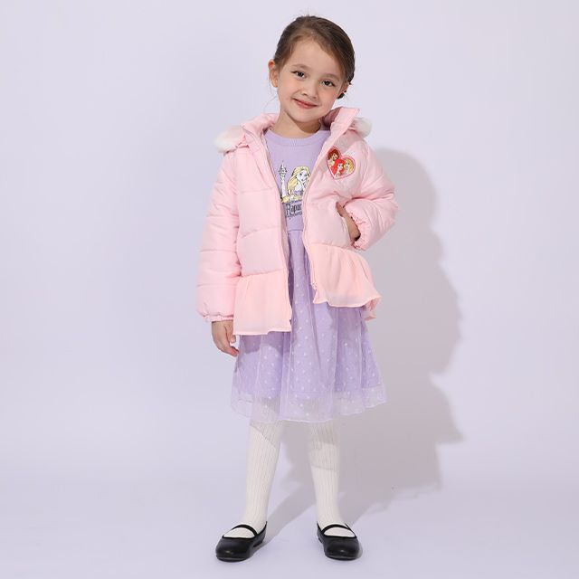 【ベビードール】ラプンツェル アリエル ベル プリンセス / フリル中綿アウター 1100K / フード取り外し可能 2WAY キッズ トップス アウター 羽織り 中綿 ふわふわ ファー付き ガーリー 軽い 防寒 秋冬