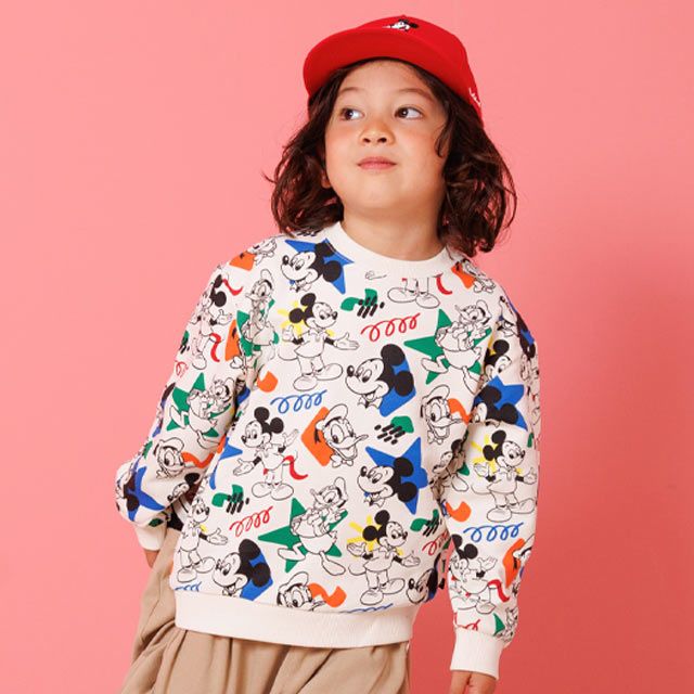 【ベビードール】ミッキー ドナルド 親子お揃い カラフル総柄トレーナー 1203K / ベビーサイズ キッズ トップス 長袖 リンクコーデ ペアルック 親子コーデ プルオーバー スウェット