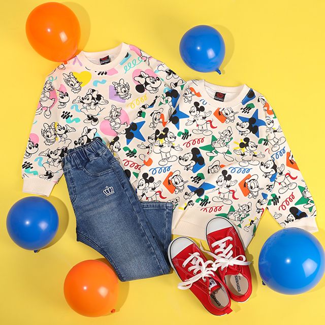 【ベビードール】ミッキー ドナルド 親子お揃い カラフル総柄トレーナー 1203K / ベビーサイズ キッズ トップス 長袖 リンクコーデ ペアルック 親子コーデ プルオーバー スウェット