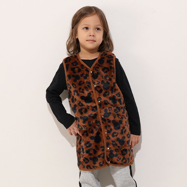 【ベビードール】ミッキー アニマル総柄着る毛布 1207K / 50cm-130cm ベビーサイズ キッズ フリースベスト ジレ アニマル柄 ヒョウ柄 お部屋着 寝間着 あったか シャギーボア素材 もこもこ 防寒 寝冷え対策