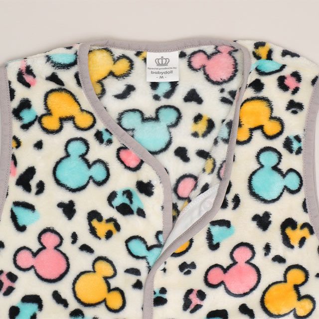 【ベビードール】ミッキー アニマル総柄着る毛布 1207K / 50cm-130cm ベビーサイズ キッズ フリースベスト ジレ アニマル柄 ヒョウ柄 お部屋着 寝間着 あったか シャギーボア素材 もこもこ 防寒 寝冷え対策