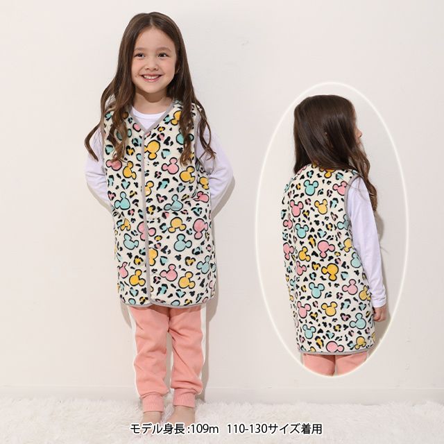 【ベビードール】ミッキー アニマル総柄着る毛布 1207K / 50cm-130cm ベビーサイズ キッズ フリースベスト ジレ アニマル柄 ヒョウ柄 お部屋着 寝間着 あったか シャギーボア素材 もこもこ 防寒 寝冷え対策