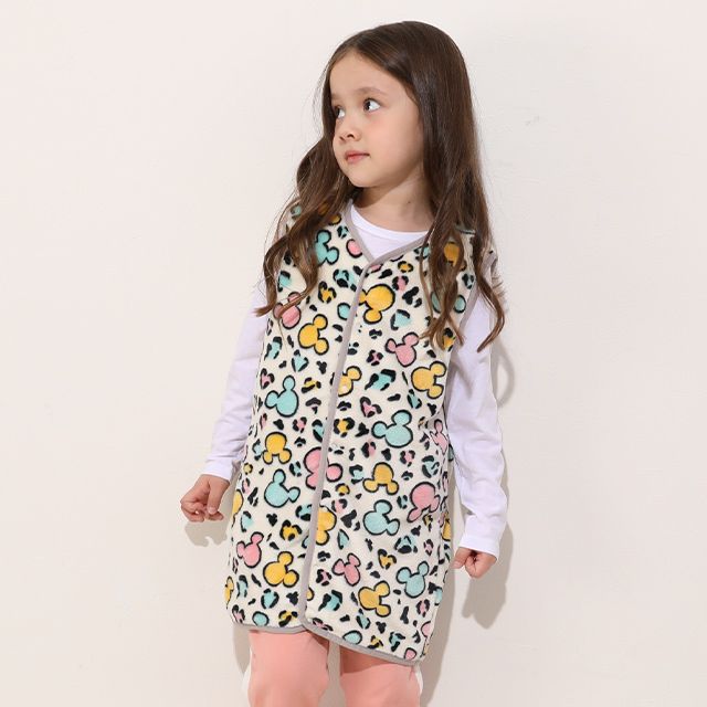 【ベビードール】ミッキー アニマル総柄着る毛布 1207K / 50cm-130cm ベビーサイズ キッズ フリースベスト ジレ アニマル柄 ヒョウ柄 お部屋着 寝間着 あったか シャギーボア素材 もこもこ 防寒 寝冷え対策