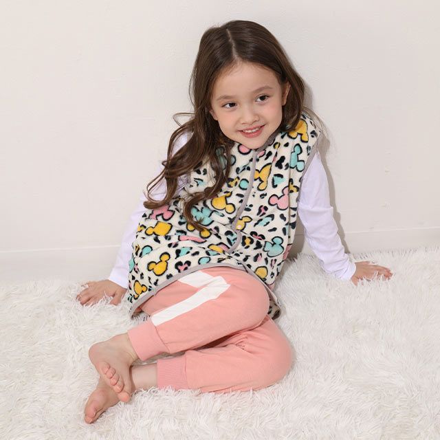 【ベビードール】ミッキー アニマル総柄着る毛布 1207K / 50cm-130cm ベビーサイズ キッズ フリースベスト ジレ アニマル柄 ヒョウ柄 お部屋着 寝間着 あったか シャギーボア素材 もこもこ 防寒 寝冷え対策