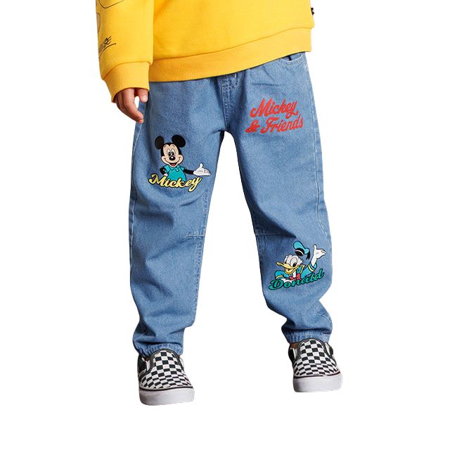 【ベビードール】ミッキー＆フレンズ デニムロングパンツ 1250K / ベビーサイズ キッズ ボトムス 長ズボン パンツ ヒッコリー ストライプ柄 デニム ジーンズ ジーパン テーパードパンツ ウエスト総ゴム ゴム穴付