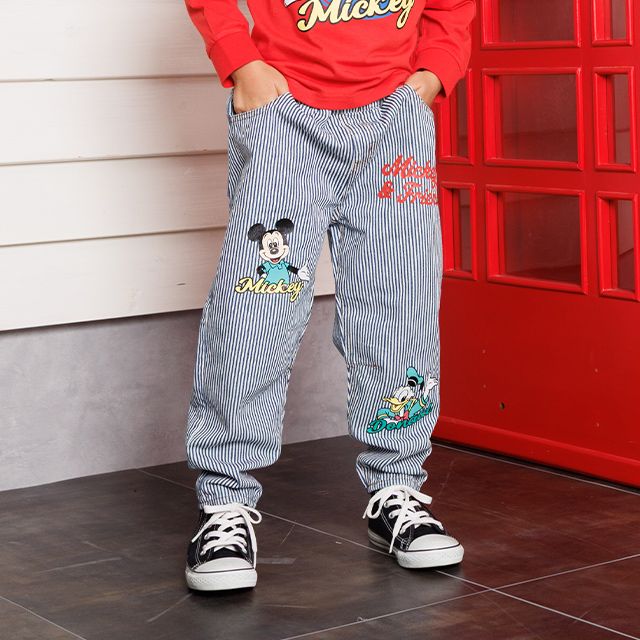 【ベビードール】ミッキー＆フレンズ デニムロングパンツ 1250K / ベビーサイズ キッズ ボトムス 長ズボン パンツ ヒッコリー ストライプ柄 デニム ジーンズ ジーパン テーパードパンツ ウエスト総ゴム ゴム穴付