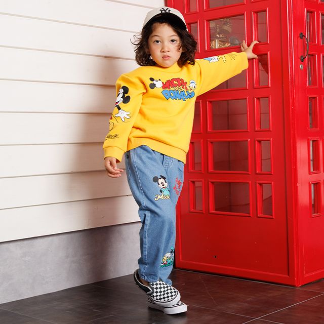 【ベビードール】ミッキー＆フレンズ デニムロングパンツ 1250K / ベビーサイズ キッズ ボトムス 長ズボン パンツ ヒッコリー ストライプ柄 デニム ジーンズ ジーパン テーパードパンツ ウエスト総ゴム ゴム穴付