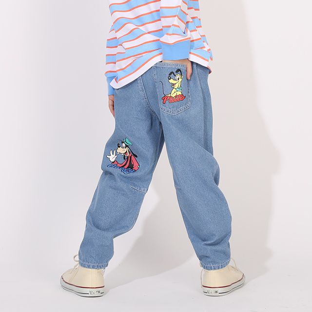 【ベビードール】ミッキー＆フレンズ デニムロングパンツ 1250K / ベビーサイズ キッズ ボトムス 長ズボン パンツ ヒッコリー ストライプ柄 デニム ジーンズ ジーパン テーパードパンツ ウエスト総ゴム ゴム穴付