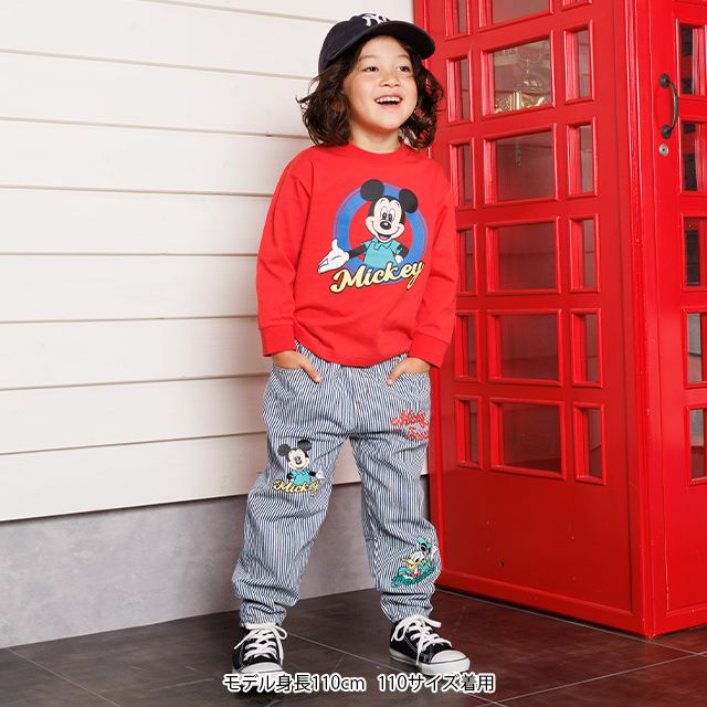 【ベビードール】ミッキー＆フレンズ デニムロングパンツ 1250K / ベビーサイズ キッズ ボトムス 長ズボン パンツ ヒッコリー ストライプ柄 デニム ジーンズ ジーパン テーパードパンツ ウエスト総ゴム ゴム穴付