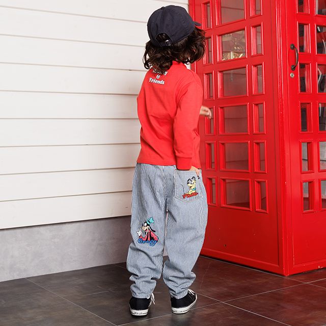 【ベビードール】ミッキー＆フレンズ デニムロングパンツ 1250K / ベビーサイズ キッズ ボトムス 長ズボン パンツ ヒッコリー ストライプ柄 デニム ジーンズ ジーパン テーパードパンツ ウエスト総ゴム ゴム穴付