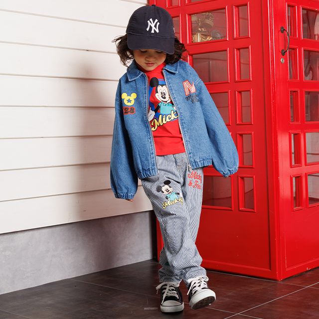 【ベビードール】ミッキー＆フレンズ デニムロングパンツ 1250K / ベビーサイズ キッズ ボトムス 長ズボン パンツ ヒッコリー ストライプ柄 デニム ジーンズ ジーパン テーパードパンツ ウエスト総ゴム ゴム穴付