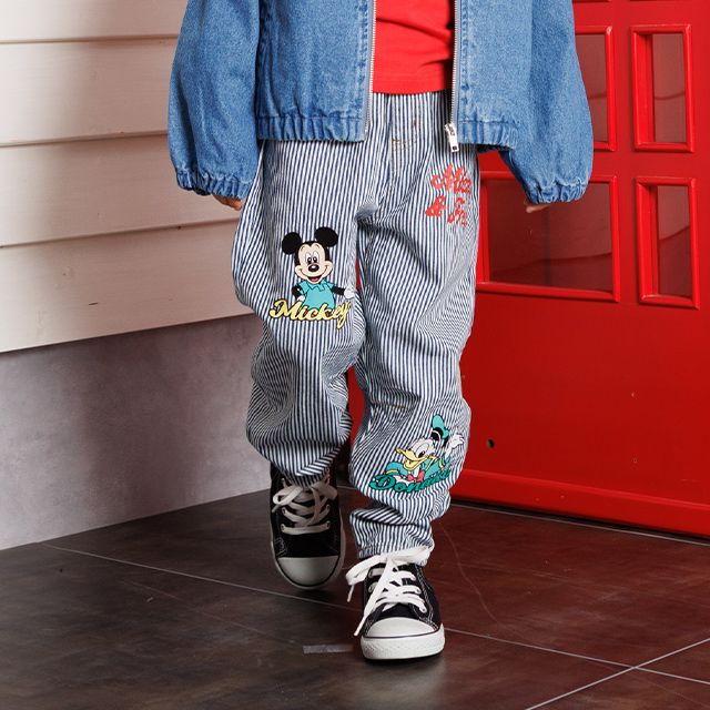 【ベビードール】ミッキー＆フレンズ デニムロングパンツ 1250K / ベビーサイズ キッズ ボトムス 長ズボン パンツ ヒッコリー ストライプ柄 デニム ジーンズ ジーパン テーパードパンツ ウエスト総ゴム ゴム穴付