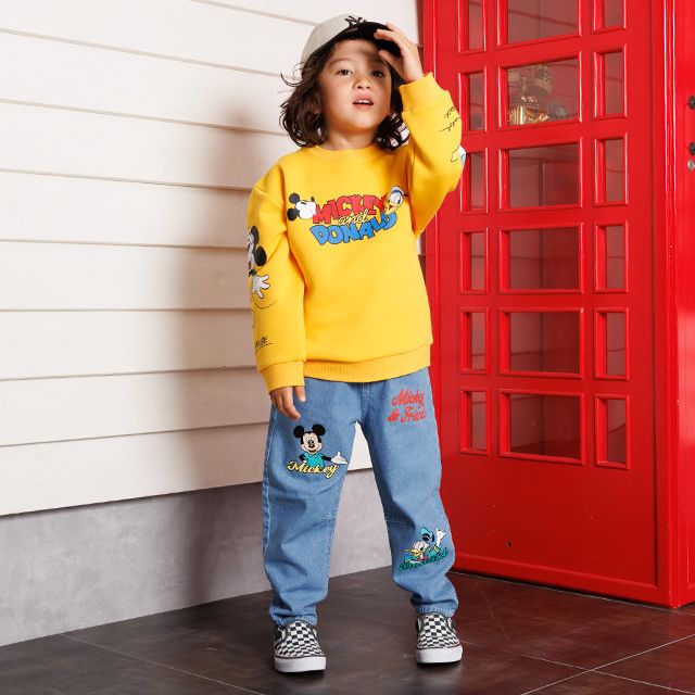 【ベビードール】ミッキー＆フレンズ デニムロングパンツ 1250K / ベビーサイズ キッズ ボトムス 長ズボン パンツ ヒッコリー ストライプ柄 デニム ジーンズ ジーパン テーパードパンツ ウエスト総ゴム ゴム穴付