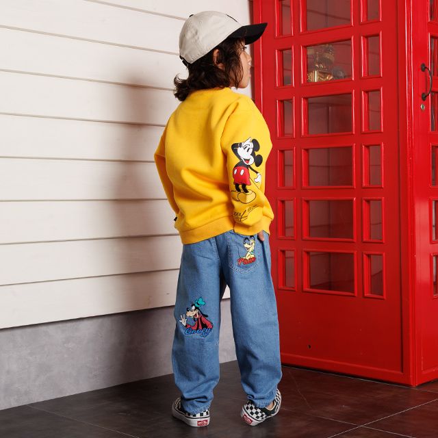 【ベビードール】ミッキー＆フレンズ デニムロングパンツ 1250K / ベビーサイズ キッズ ボトムス 長ズボン パンツ ヒッコリー ストライプ柄 デニム ジーンズ ジーパン テーパードパンツ ウエスト総ゴム ゴム穴付