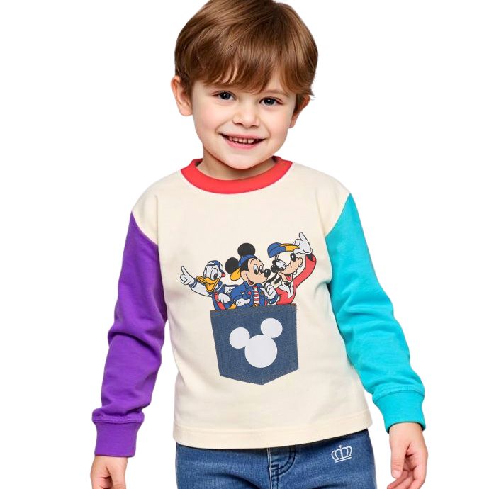 【ベビードール】ミッキー ドナルド グーフィー デニムポケットロンT 1253K / ベビーサイズ キッズ トップス 長袖 Tシャツ クルーネック カットソー バイカラー 天竺素材