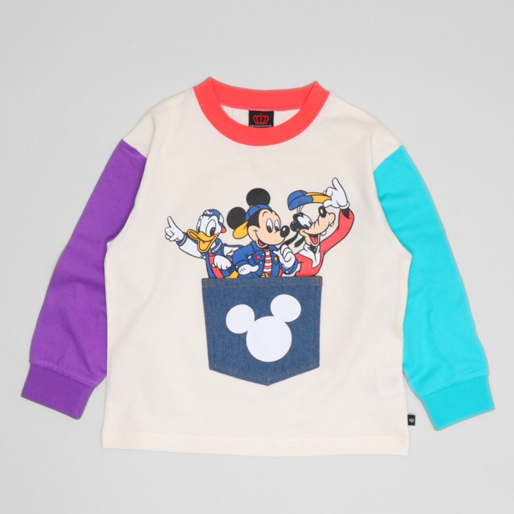【ベビードール】ミッキー ドナルド グーフィー デニムポケットロンT 1253K / ベビーサイズ キッズ トップス 長袖 Tシャツ クルーネック カットソー バイカラー 天竺素材