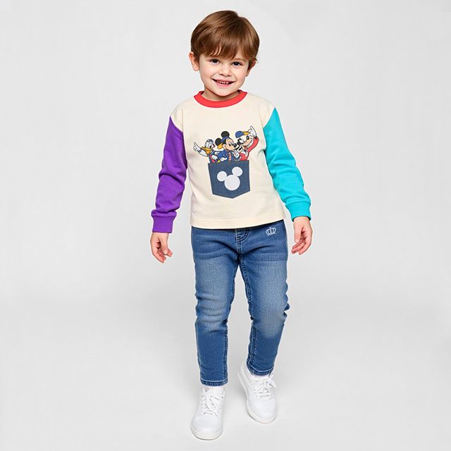 【ベビードール】ミッキー ドナルド グーフィー デニムポケットロンT 1253K / ベビーサイズ キッズ トップス 長袖 Tシャツ クルーネック カットソー バイカラー 天竺素材