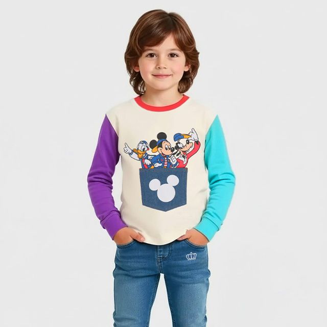 【ベビードール】ミッキー ドナルド グーフィー デニムポケットロンT 1253K / ベビーサイズ キッズ トップス 長袖 Tシャツ クルーネック カットソー バイカラー 天竺素材