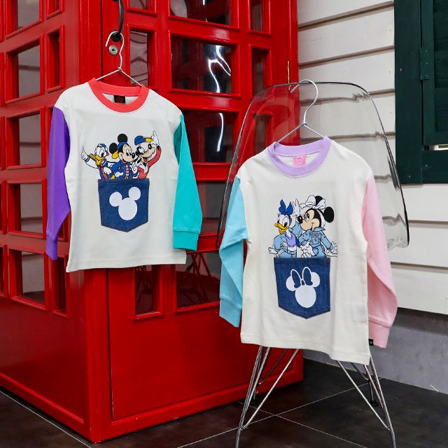 【ベビードール】ミッキー ドナルド グーフィー デニムポケットロンT 1253K / ベビーサイズ キッズ トップス 長袖 Tシャツ クルーネック カットソー バイカラー 天竺素材