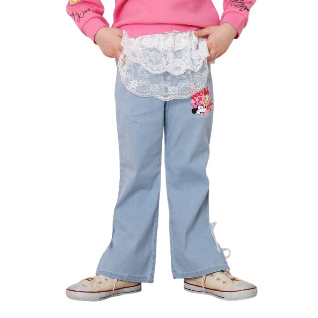 【ベビードール】ミニー デイジー レース付フレアデニムロングパンツ 1256K / ベビーサイズ キッズ ボトムス 長ズボン ジーパン デニム 楽ちん リボン フェミニン ストレッチデニム ウエスト総ゴム フェイクボタン レーススカート付き 脚長効果 フレアシルエット スリット入り