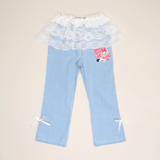 【ベビードール】ミニー デイジー レース付フレアデニムロングパンツ 1256K / ベビーサイズ キッズ ボトムス 長ズボン ジーパン デニム 楽ちん リボン フェミニン ストレッチデニム ウエスト総ゴム フェイクボタン レーススカート付き 脚長効果 フレアシルエット スリット入り