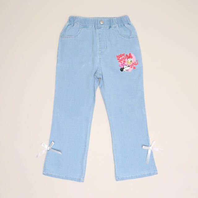 【ベビードール】ミニー デイジー レース付フレアデニムロングパンツ 1256K / ベビーサイズ キッズ ボトムス 長ズボン ジーパン デニム 楽ちん リボン フェミニン ストレッチデニム ウエスト総ゴム フェイクボタン レーススカート付き 脚長効果 フレアシルエット スリット入り