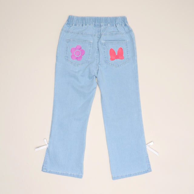 【ベビードール】ミニー デイジー レース付フレアデニムロングパンツ 1256K / ベビーサイズ キッズ ボトムス 長ズボン ジーパン デニム 楽ちん リボン フェミニン ストレッチデニム ウエスト総ゴム フェイクボタン レーススカート付き 脚長効果 フレアシルエット スリット入り