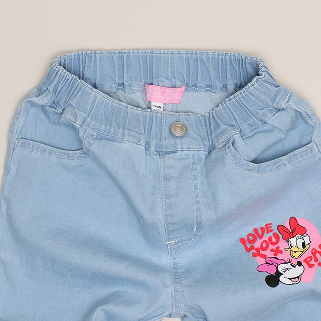 【ベビードール】ミニー デイジー レース付フレアデニムロングパンツ 1256K / ベビーサイズ キッズ ボトムス 長ズボン ジーパン デニム 楽ちん リボン フェミニン ストレッチデニム ウエスト総ゴム フェイクボタン レーススカート付き 脚長効果 フレアシルエット スリット入り