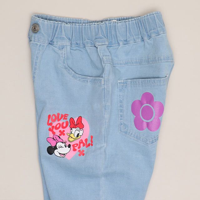 【ベビードール】ミニー デイジー レース付フレアデニムロングパンツ 1256K / ベビーサイズ キッズ ボトムス 長ズボン ジーパン デニム 楽ちん リボン フェミニン ストレッチデニム ウエスト総ゴム フェイクボタン レーススカート付き 脚長効果 フレアシルエット スリット入り