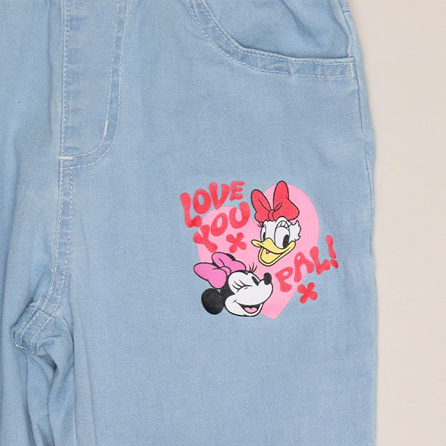 【ベビードール】ミニー デイジー レース付フレアデニムロングパンツ 1256K / ベビーサイズ キッズ ボトムス 長ズボン ジーパン デニム 楽ちん リボン フェミニン ストレッチデニム ウエスト総ゴム フェイクボタン レーススカート付き 脚長効果 フレアシルエット スリット入り